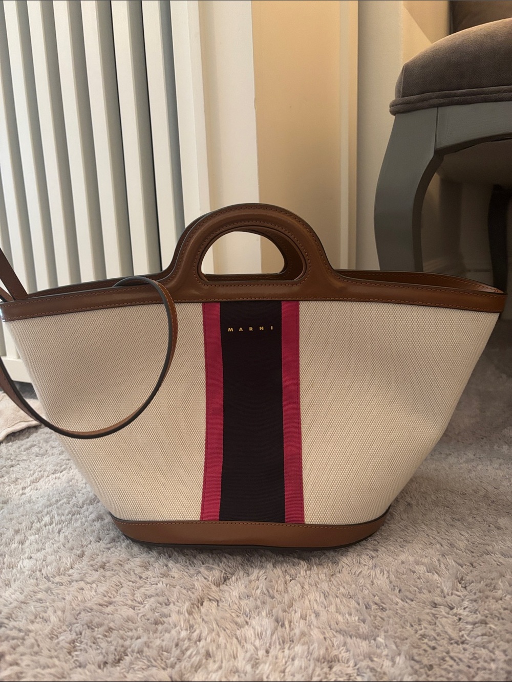 Marni Cream Canvas Tote with Brown Leather Trim and Pink-Black Center Stripe